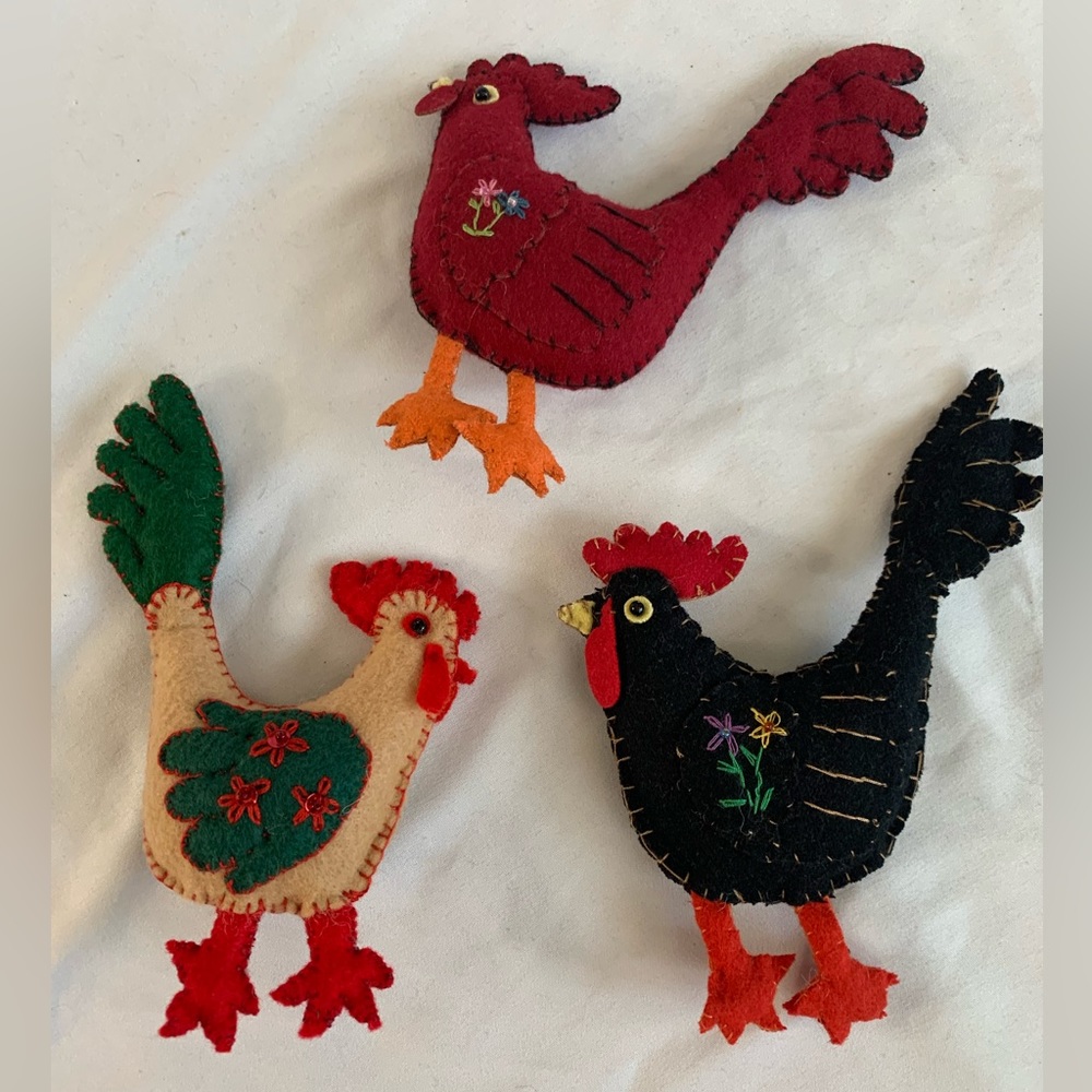 Vintage Handmade Felt Rooster Ornaments set of 3
